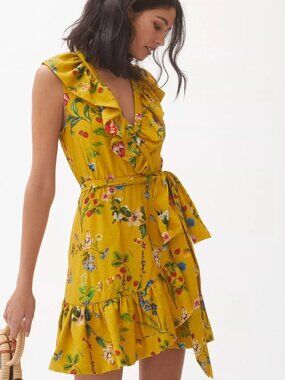 Anthropologie Maeve yellow floral wrap mini dress- Small